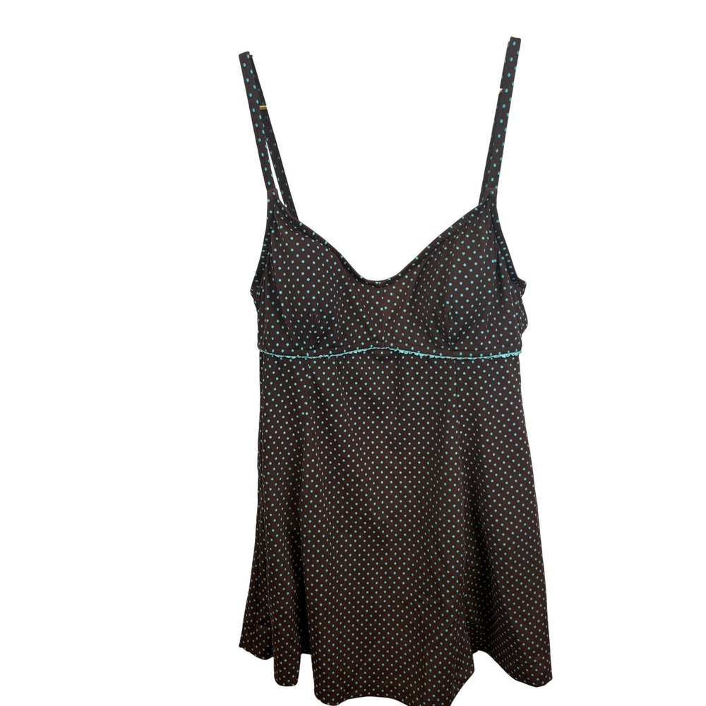 Vintage 90s Le Cove Womens Brown Blue Polka Dot Swim Dress Size 14